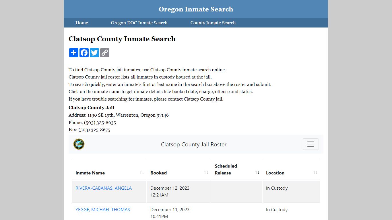 Clatsop County Inmate Search